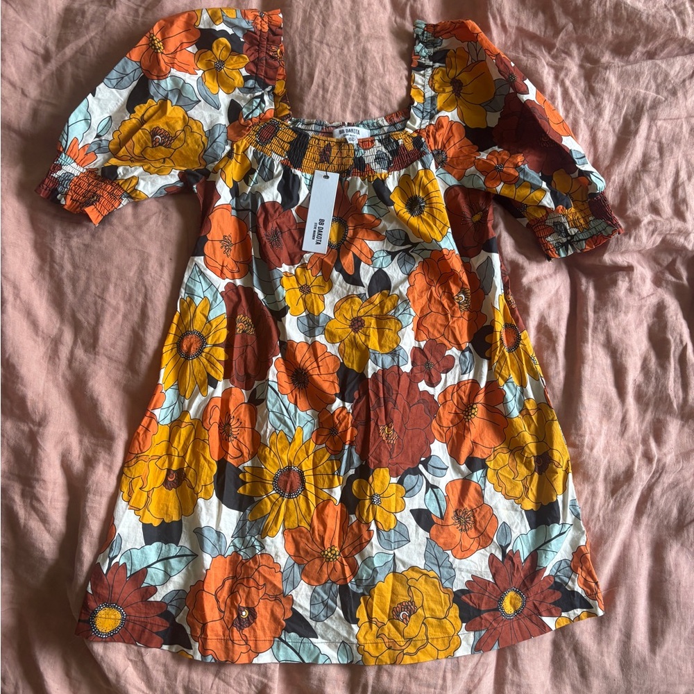 NWT BB Dakota Retro Floral Dress XS Smocked Boho Mini Dress